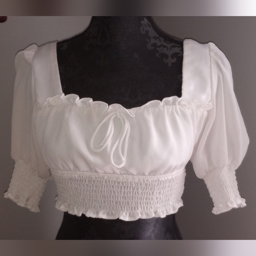 Petal & Pup Cottagecore  White Ruched Crop Open Back Top